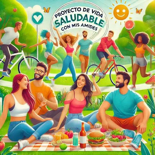 Grupo de amigos disfrutando de actividades al aire libre como yoga, ciclismo y un picnic saludable, representando un proyecto de vida saludable con mis amigos